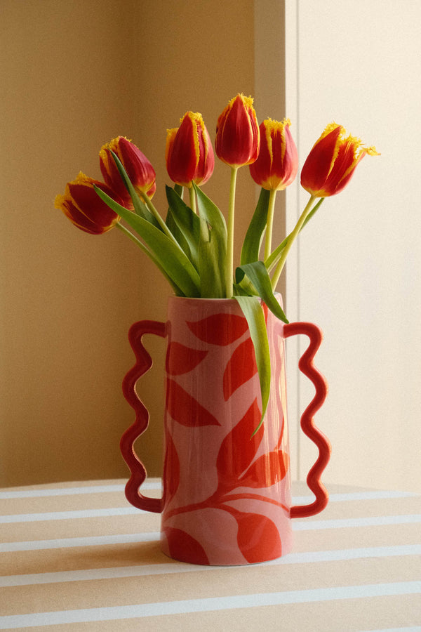 Pink and Red Leaves Wavy Statement Vase