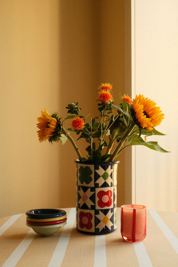 Folk Quilt Patterned Stoneware Vase