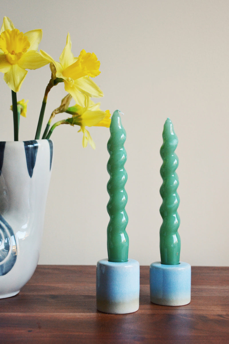 Set of Two Pastel Blue Glazed Candlestick Holders