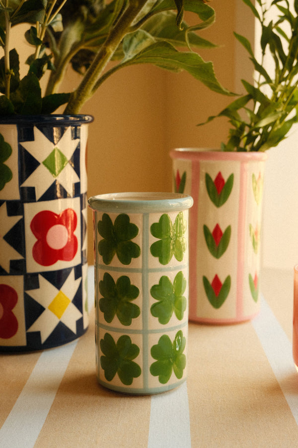 Folk Clover Patterned Stoneware Vase