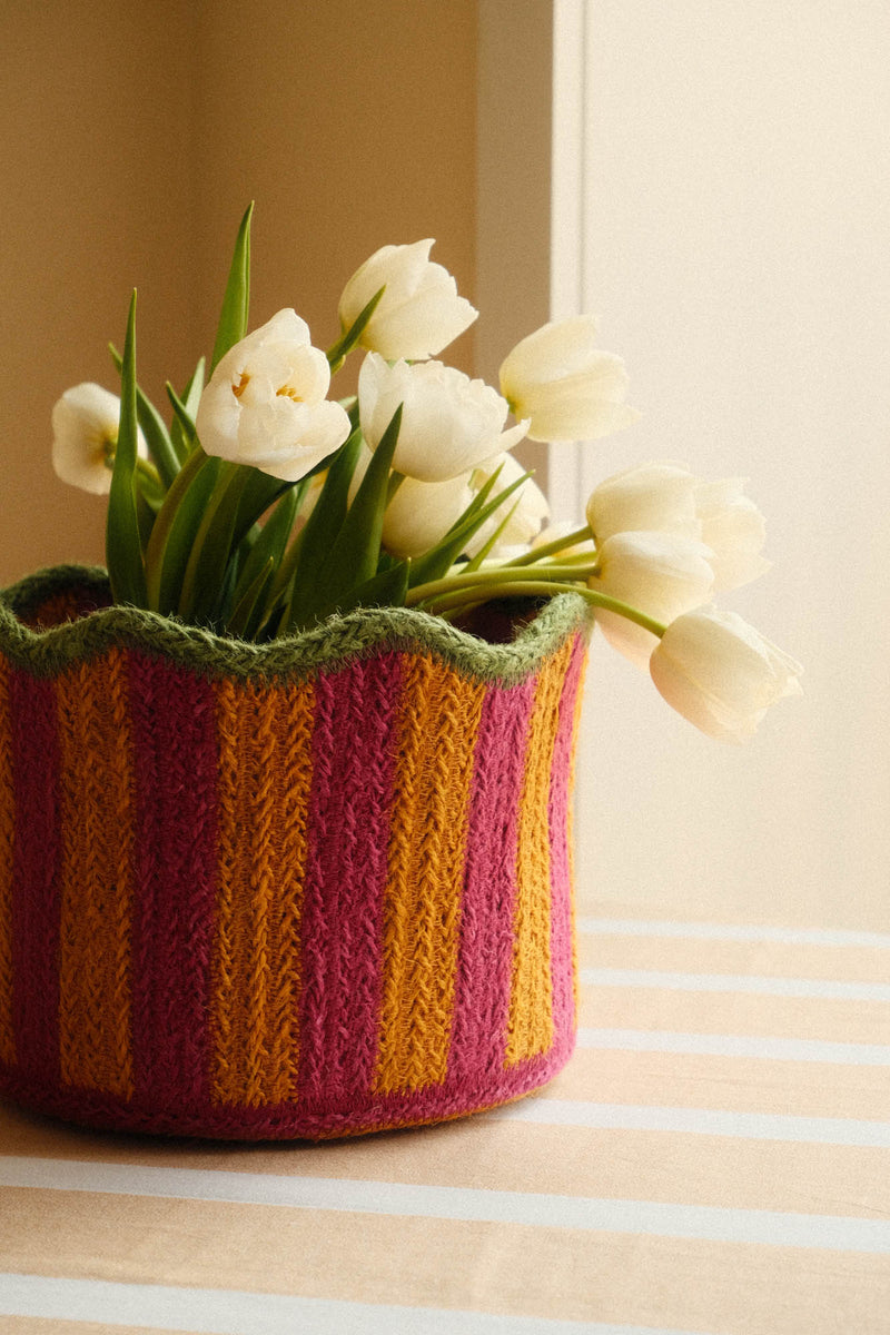 Scalloped Braided Striped Jute Basket - Pink, Orange and Green