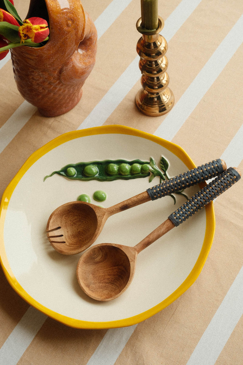Wooden Serving Set with Blue Cane