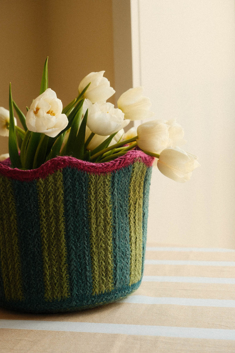 Scalloped Braided Striped Jute Basket - Olive, Green and Pink