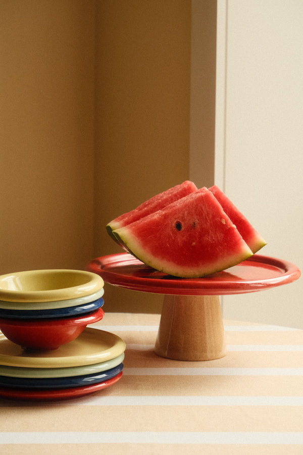 Chunky Edge Red and Sand Stoneware Cake Stand