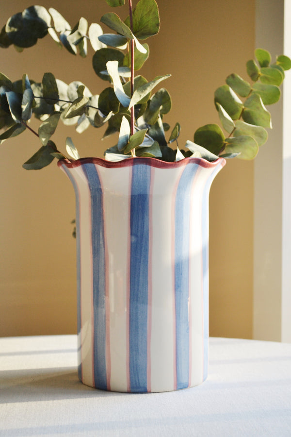 Blue and Red Striped Scalloped Vase