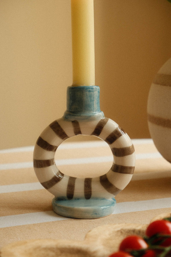 Striped Stoneware Donut Black and White Candle Holder