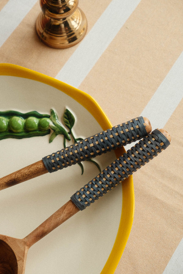 Wooden Serving Set with Blue Cane