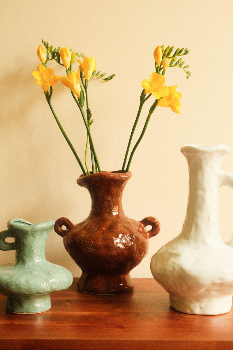 Small Green Sculptural Vase with Handles