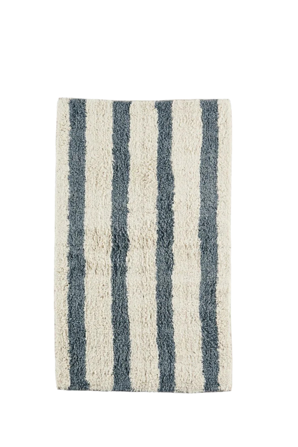 Dusty Blue Striped Tufted Cotton Bath Mat / Rug