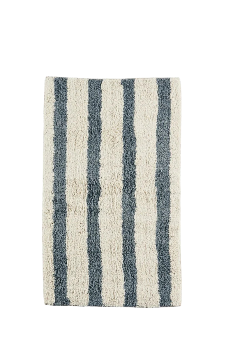 Dusty Blue Striped Tufted Cotton Bath Mat / Rug