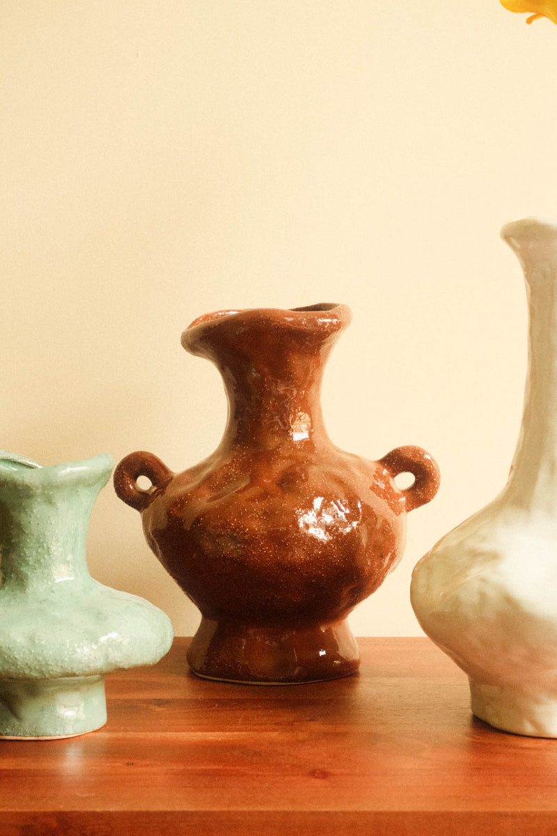 Medium Brown Sculptural Vase with Handles
