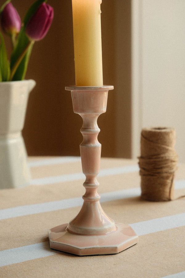 Octagonal Base Enamel Metal Candlestick Holder - Pale Pink