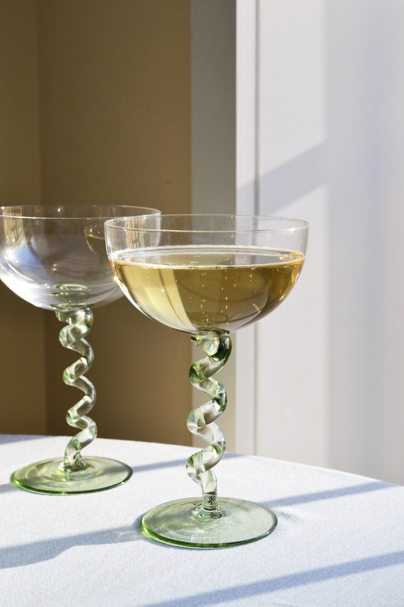 Set of Two Spiral Green Stemmed Coupes