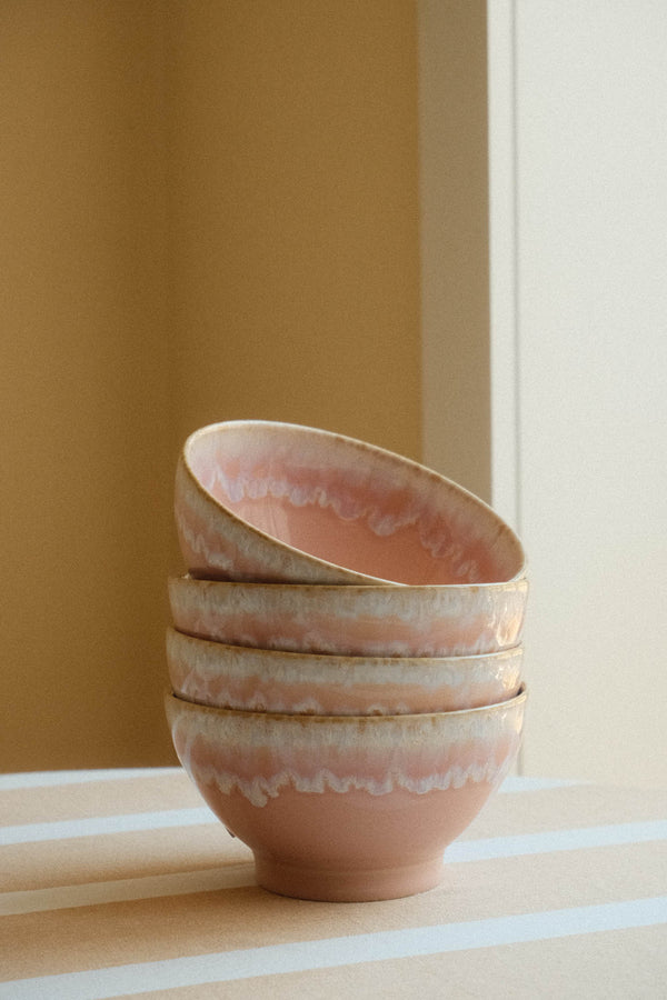 Set of Four Light Pink Drip Glaze Ceramic Cereal Bowls