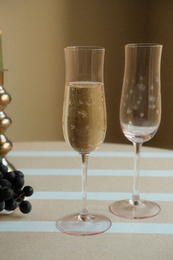 Set of Two Star Etched Champagne Glasses - Pink