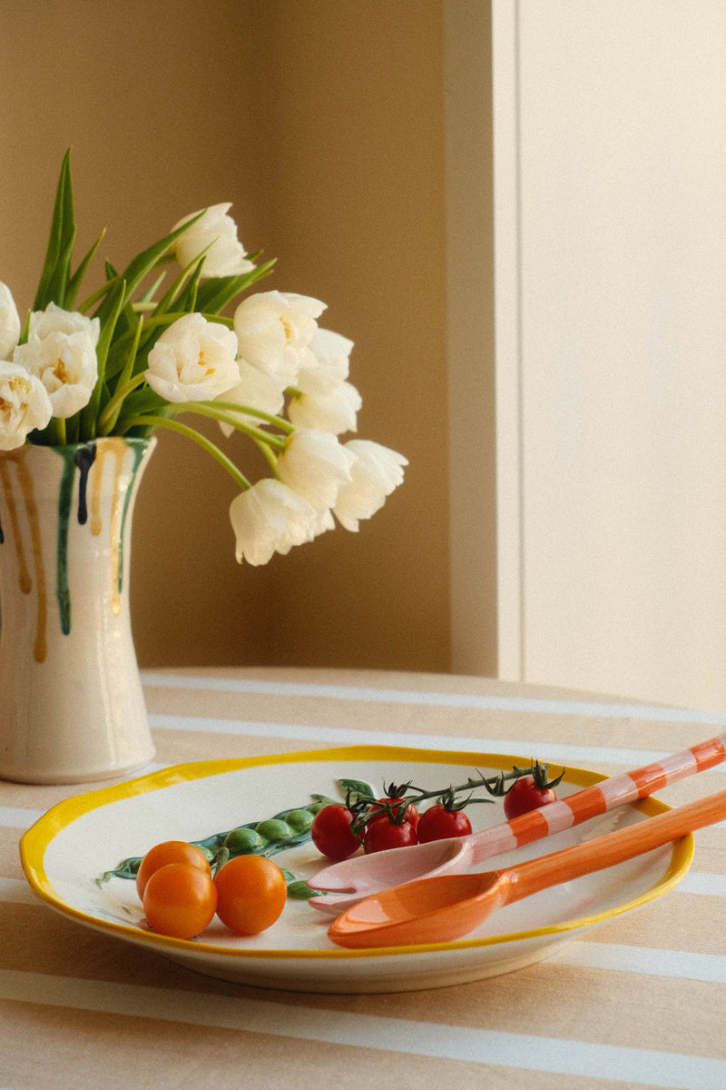 Round Stoneware Pea Pod Serving Platter Dish