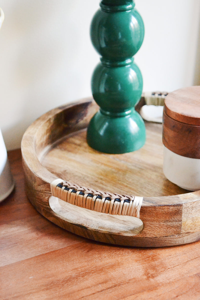 Mango Wood Tray with Cane Handles
