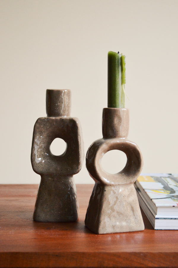 Dark Beige Stoneware Candle Holder - Two Styles Available
