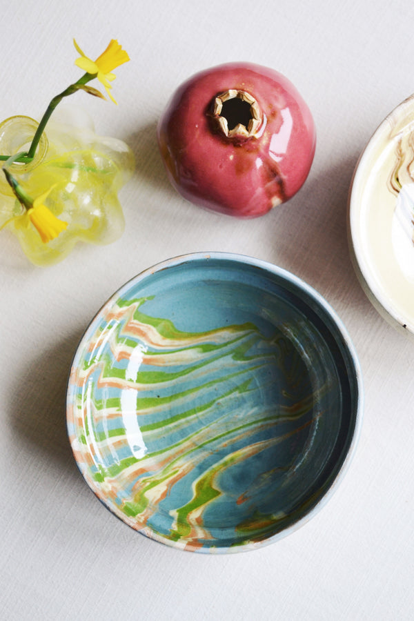 Hand - Painted Marble Earthenware Bowl - Blue