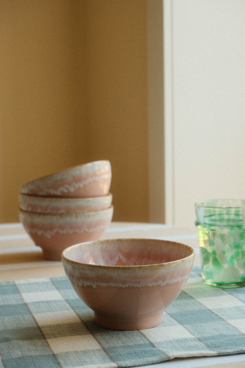 Set of Four Light Pink Drip Glaze Ceramic Cereal Bowls