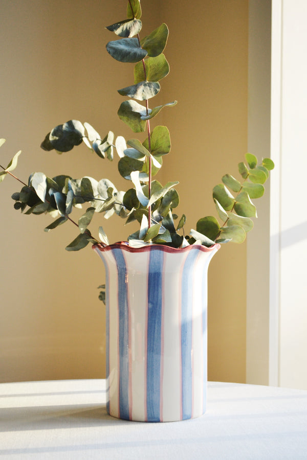 Blue and Red Striped Scalloped Vase