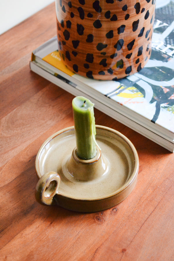 Stoneware Candle Holder with Handle - Beige
