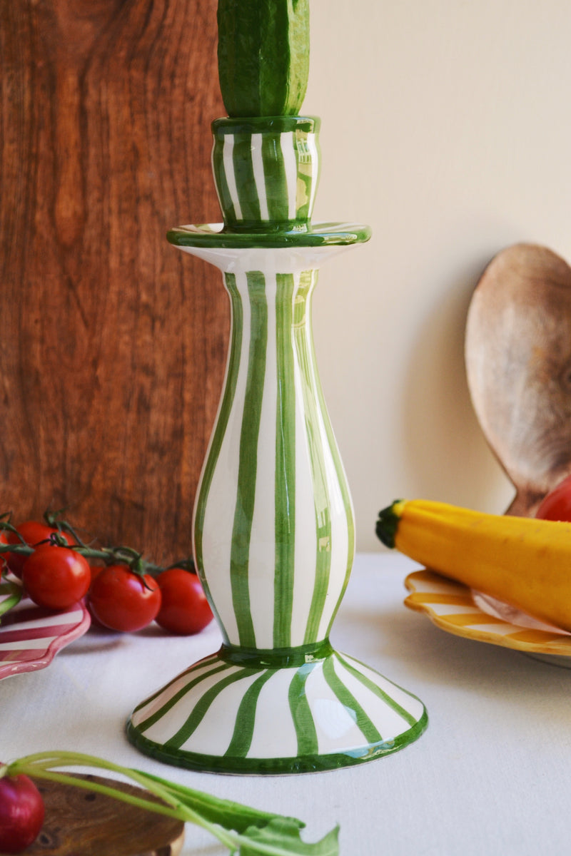 Green and White Striped Candle Holder