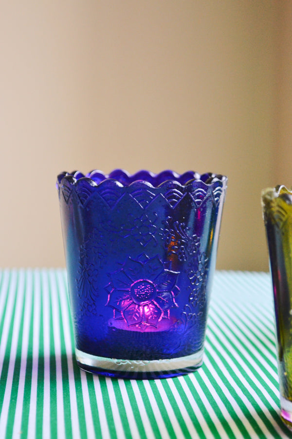 Scalloped Recycled Glass Tea Light Holders - Four Colours Available