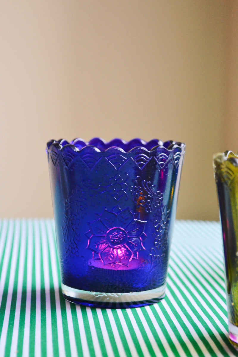 Scalloped Recycled Glass Tea Light Holders - Four Colours Available