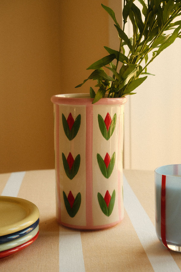 Folk Tulips Patterned Stoneware Vase