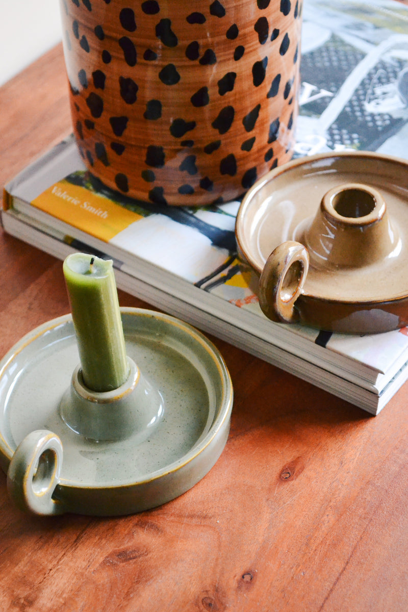 Stoneware Candle Holder with Handle - Beige