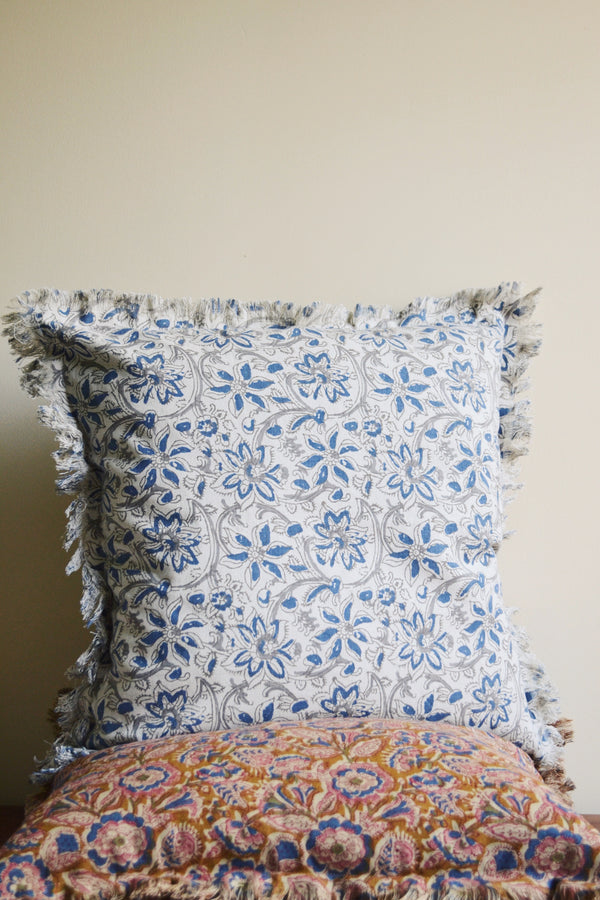 Off White and Blue Floral Printed Cushion