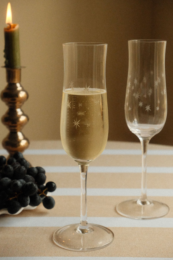 Set of Two Star Etched Champagne Glasses - Clear