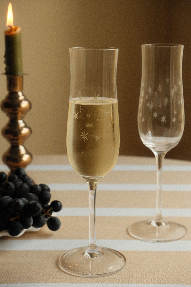 Set of Two Star Etched Champagne Glasses - Clear