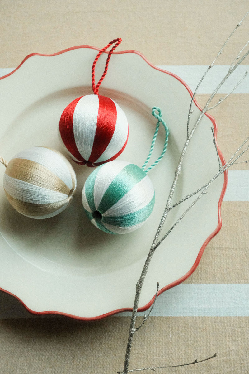 Set of Three Medium White Stripe Thread Baubles