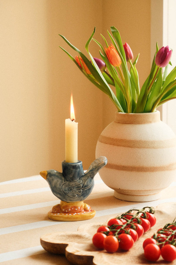 Stoneware Hand Painted Blue Bird Candle Holder