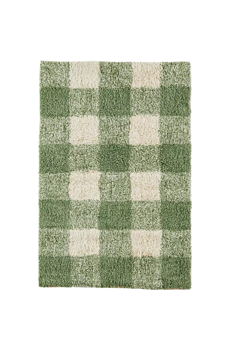 Green Checked Tufted Cotton Bath Mat / Rug