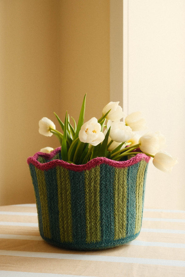 Scalloped Braided Striped Jute Basket - Olive, Green and Pink