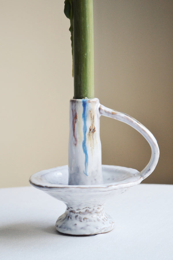 Grey Glazed Stoneware Candle Holder with Handle