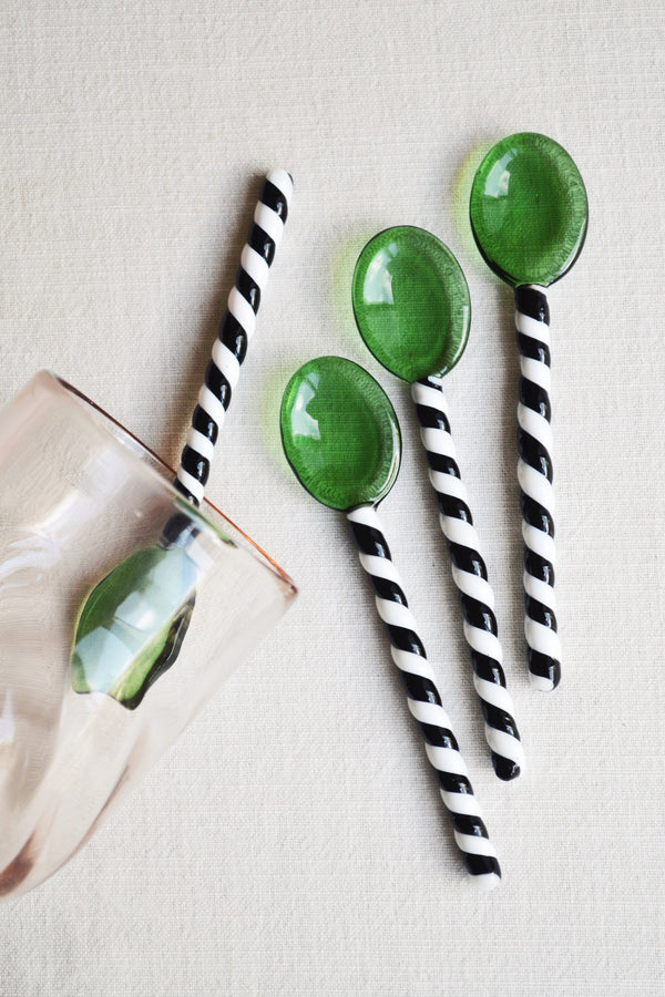 Set of Four Green Twisted Glass Spoons