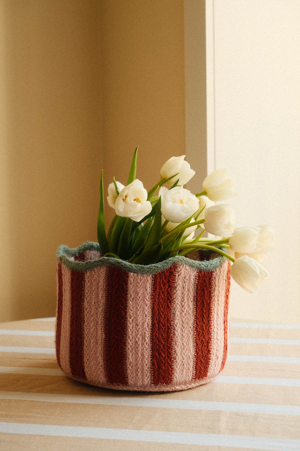 Scalloped Braided Striped Jute Basket - Pink, Red and Blue