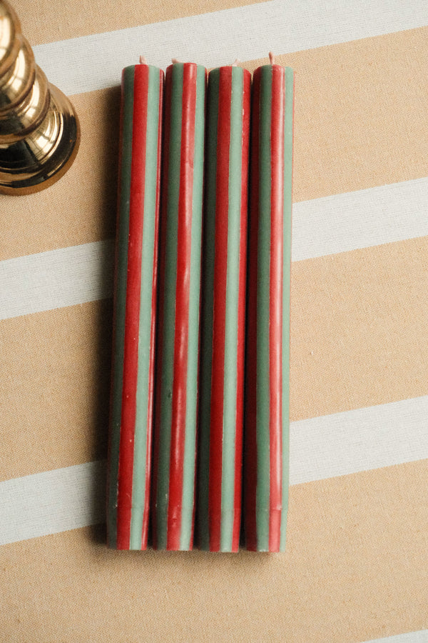 Set of Four Stripe Dinner Candles - Racing Red and Green