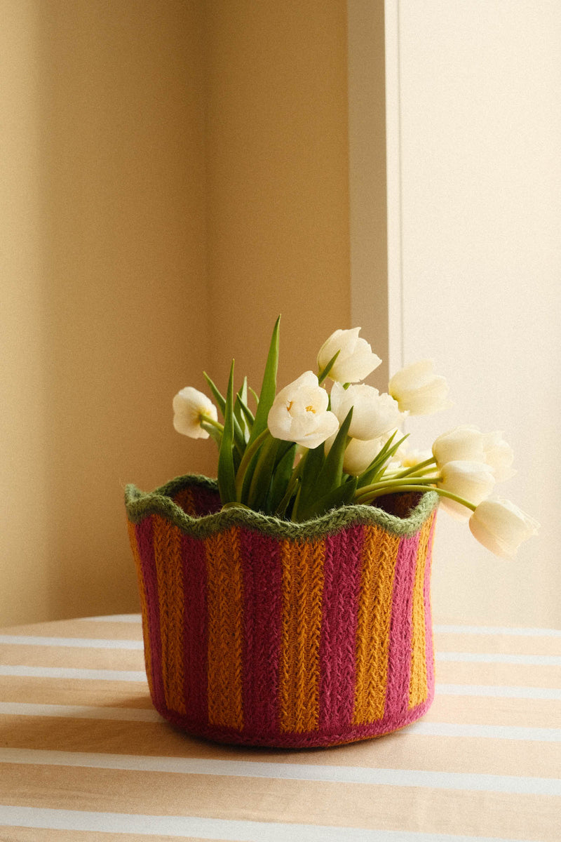 Scalloped Braided Striped Jute Basket - Pink, Orange and Green