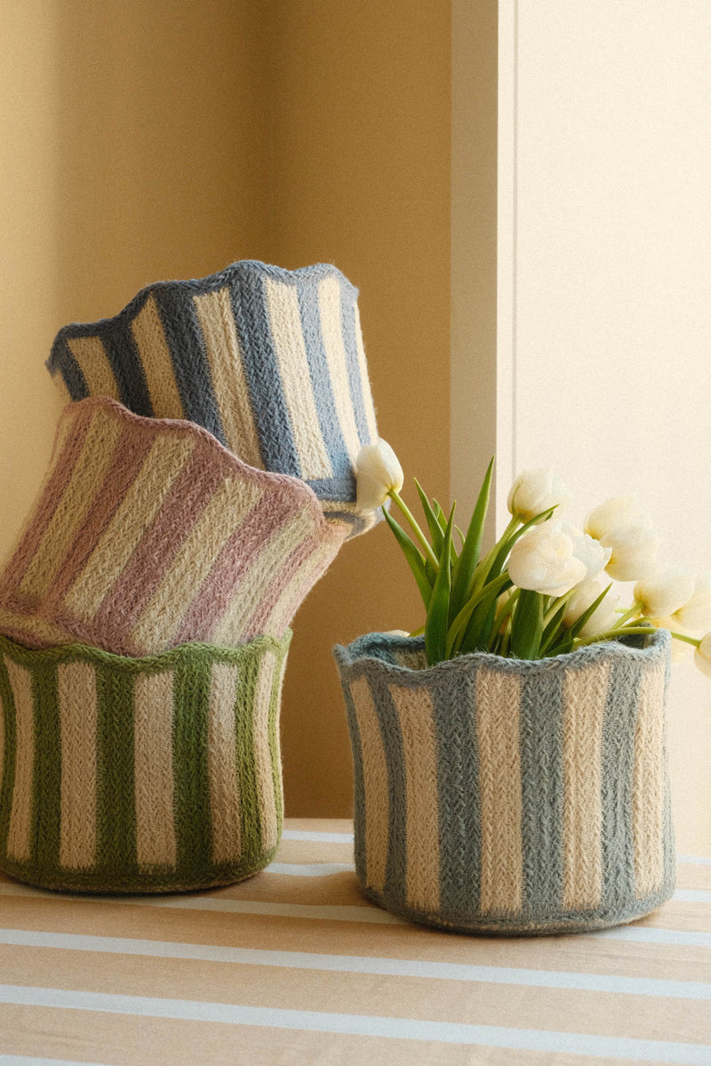 Scalloped Braided Striped Jute Basket - Four Colours Available