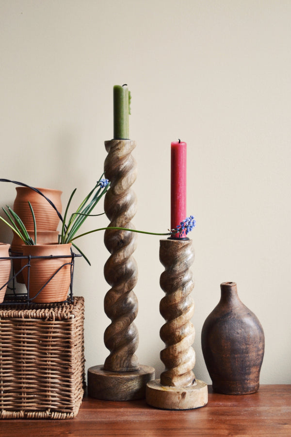 Hand-carved Natural Mango Wood Swirl Candle Holder - Two Sizes Available