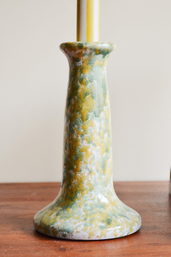 Mustard and Green Splatter Stoneware Candlestick Holder