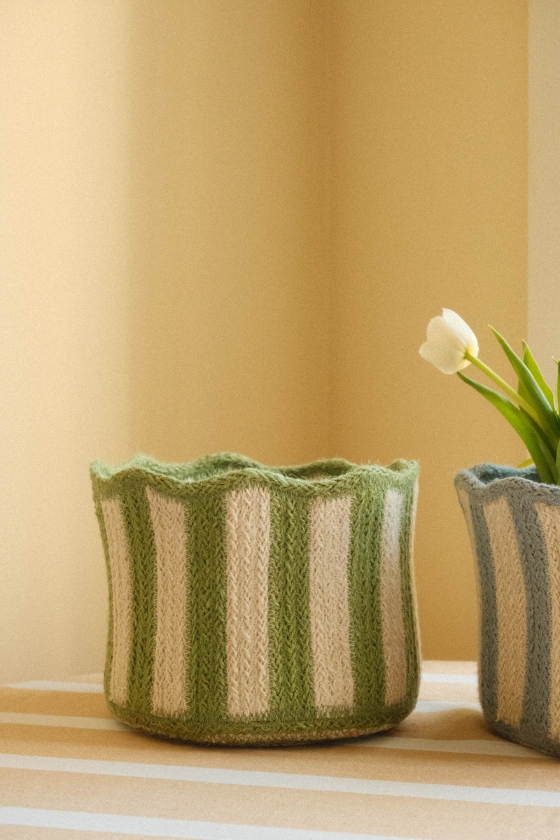 Scalloped Braided Striped Jute Basket - Four Colours Available
