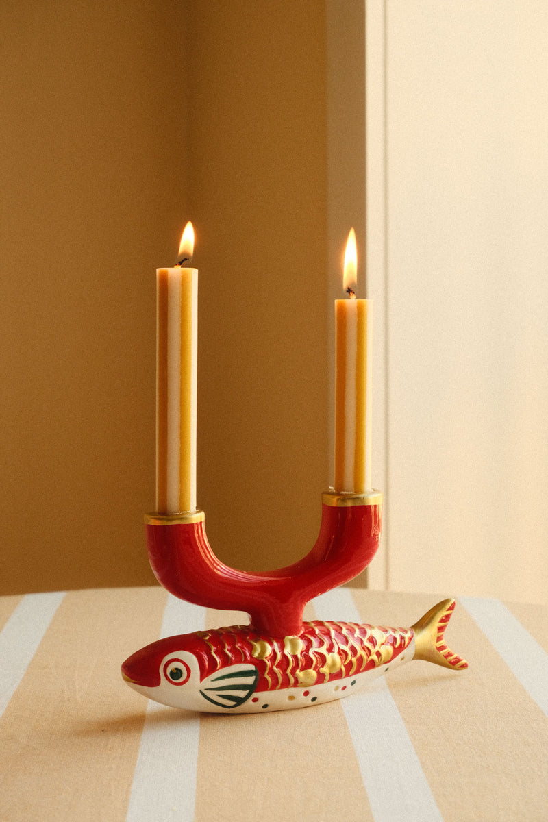 Red Ceramic Koi Fish Double Candle Holder
