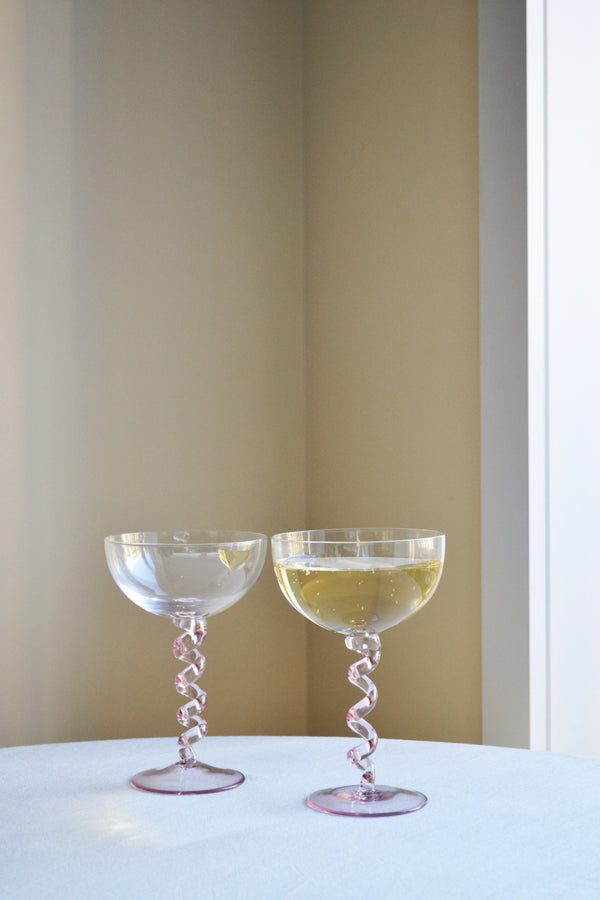 Set of Two Spiral Pink Stemmed Coupes