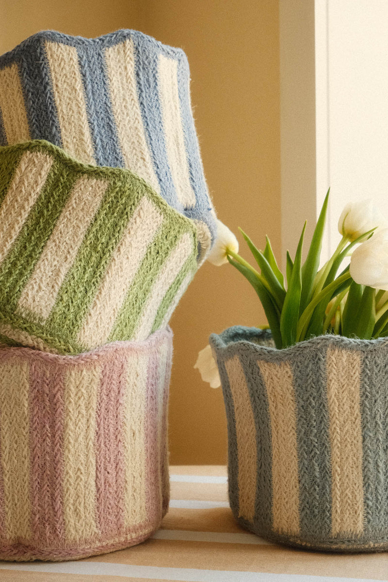 Scalloped Braided Striped Jute Basket - Four Colours Available